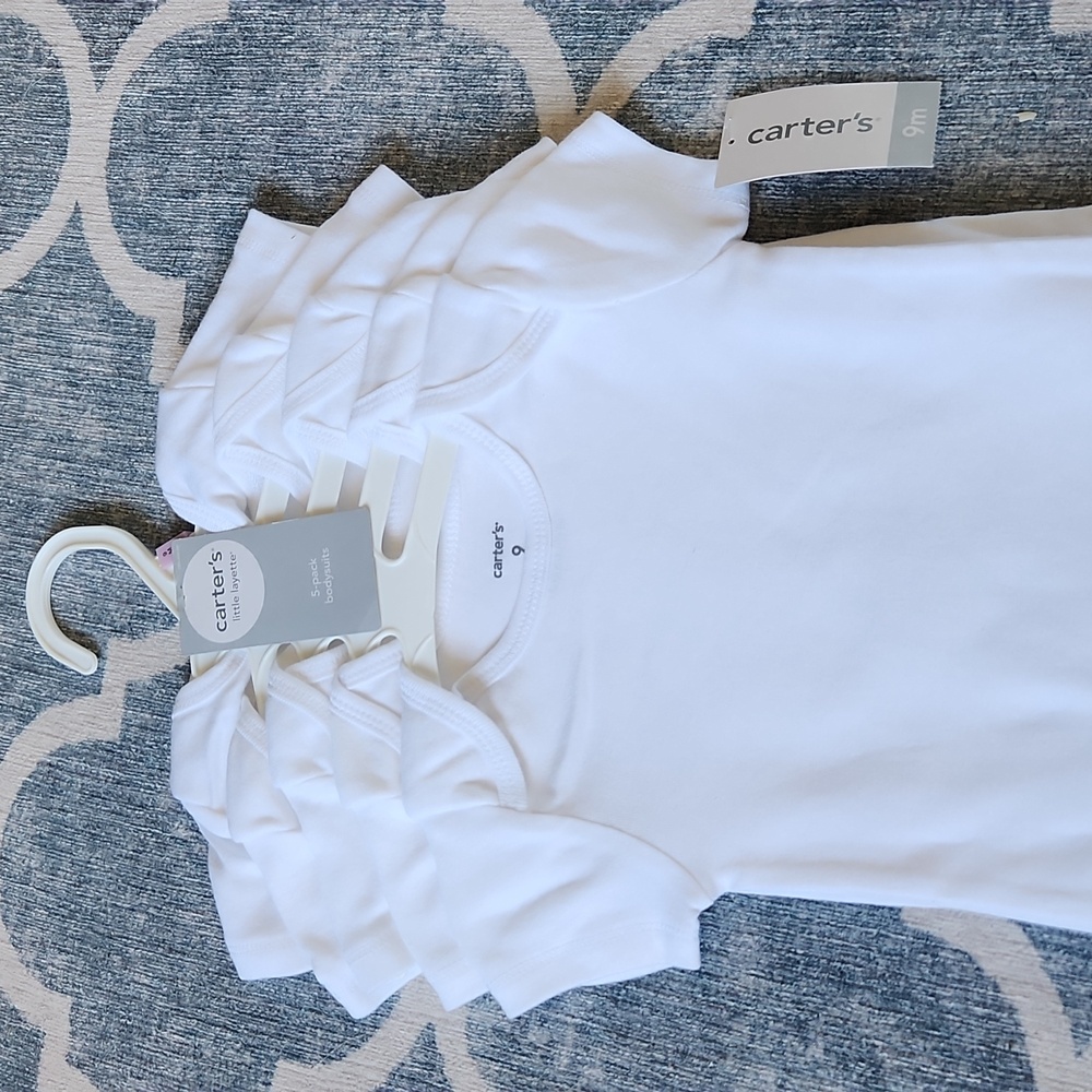 Carters Bodysuits, 5 Pack, 9 Month Size, Little Layette, White Short Sleeve, NWT
